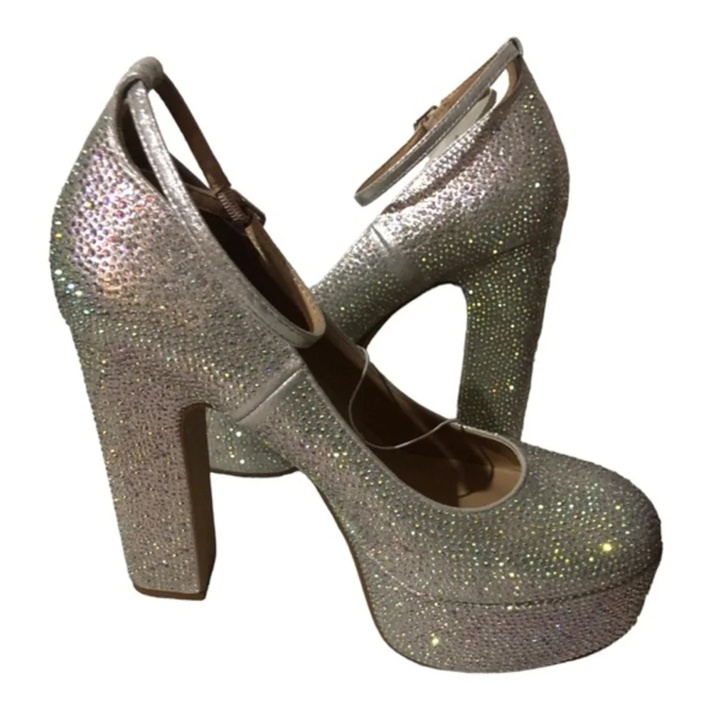 Rhinestone crystal valentino tan-go style closed toe anklestrap‎ platforms sz 10